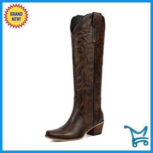 Knee High Western Boots with Embroidered Chunky Heel Slip On Pointed Toe